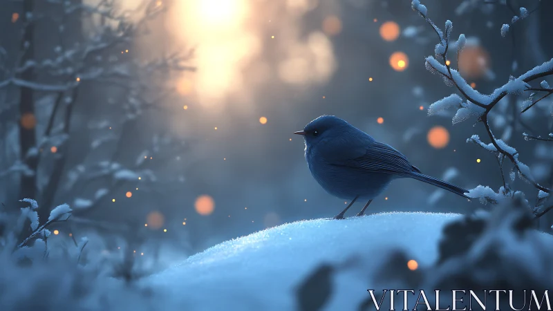 Blue Robin Perched in Frost-Laden Winter Forest at Dusk.