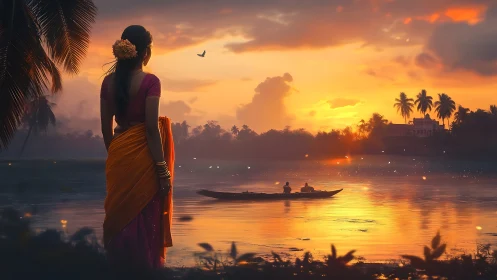 Woman in sari watching small boat on tropical river sunset.