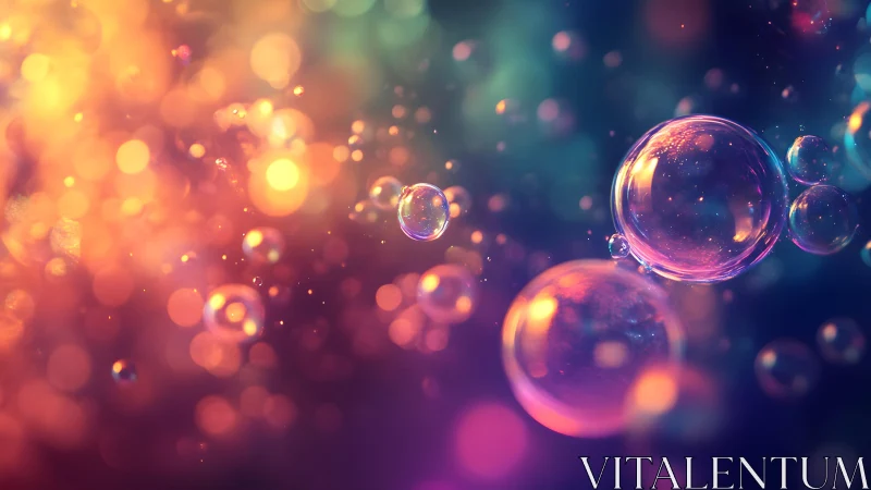 Vibrant floating bubbles with colorful bokeh lights, digital art style.