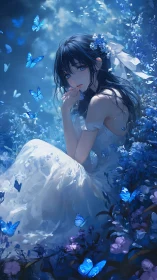 Midnight garden girl with glowing blue butterflies dream