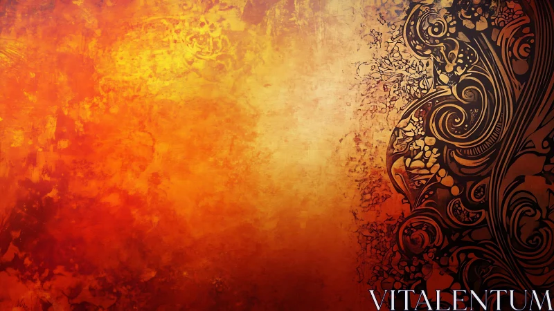 Ornate black flourishes over molten orange gradient field.