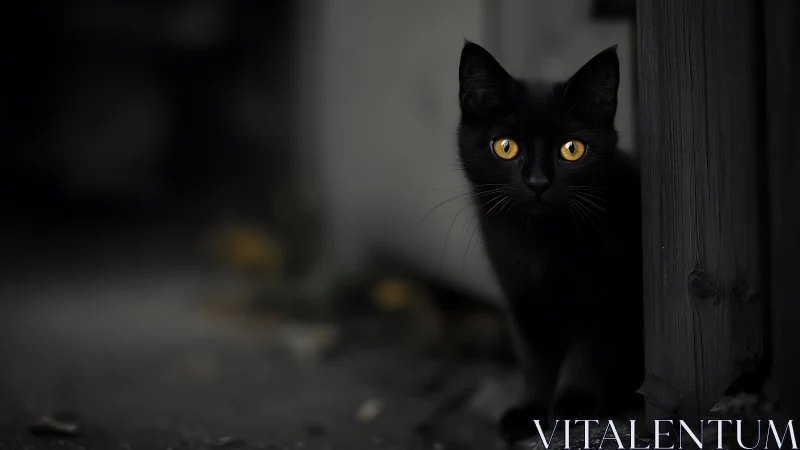 Black Cat Portrait with Golden Eyes in Shadowed Setting.