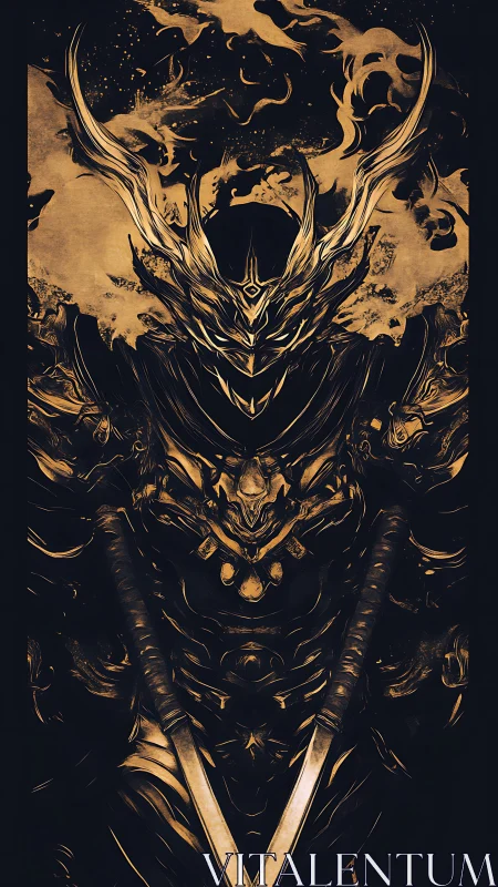 Burnished infernal samurai with twin katanas emerging.