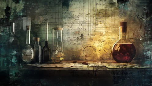 Arcane laboratory of glass vials, alchemical notes, and embered light.