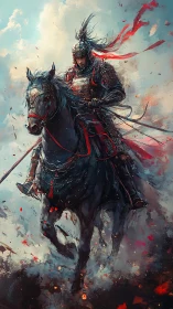 Storm-riding warlord on a crimson‑lashed battle steed.