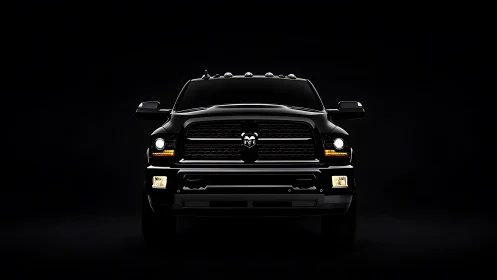Front view of black pickup truck in low key lighting.