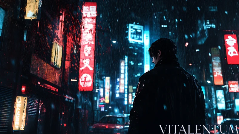 Midnight wanderer pauses under neon rain in the glowing city
