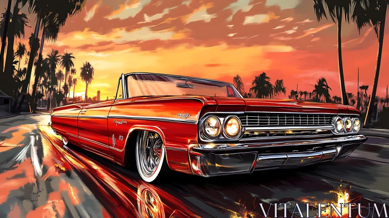Sunset cruise welcomes a gleaming classic red lowrider