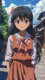 Summer-unbuttoned schoolgirl wanders a sunlit old street