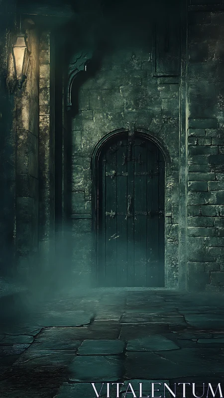 Fog shrouded gothic door in dim lamplit stone alleyway.