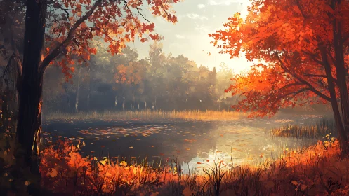 Crimson leaves cradle a quiet lake in golden autumn light.
