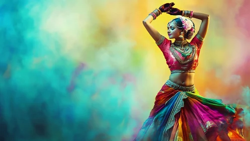 Woman in traditional dance pose amid diffuse color field.