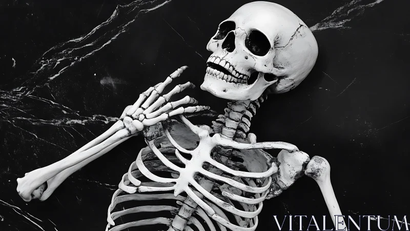 Human skeleton lies on dark marble surface in high contrast