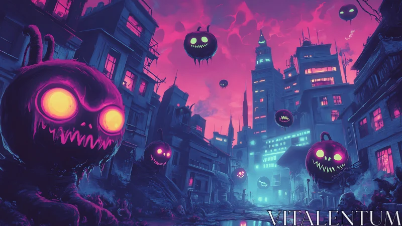 Neon pumpkin monsters haunting a decayed cyberpunk cityscape.