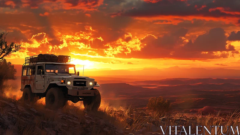 Off-road expedition truck climbs ridge under burning sunset