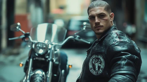 Man in leather jacket beside motorcycle in urban alleyway.