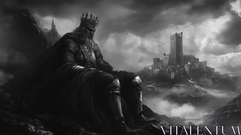 Melancholic armored king surveys distant storm-laden citadel