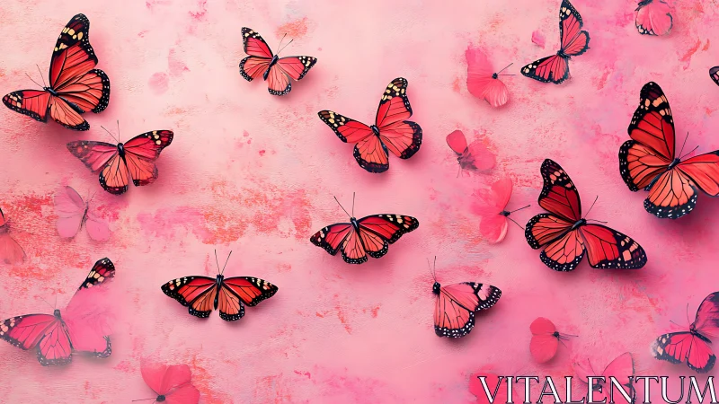 Red butterflies in soft pink abstract textured sky.