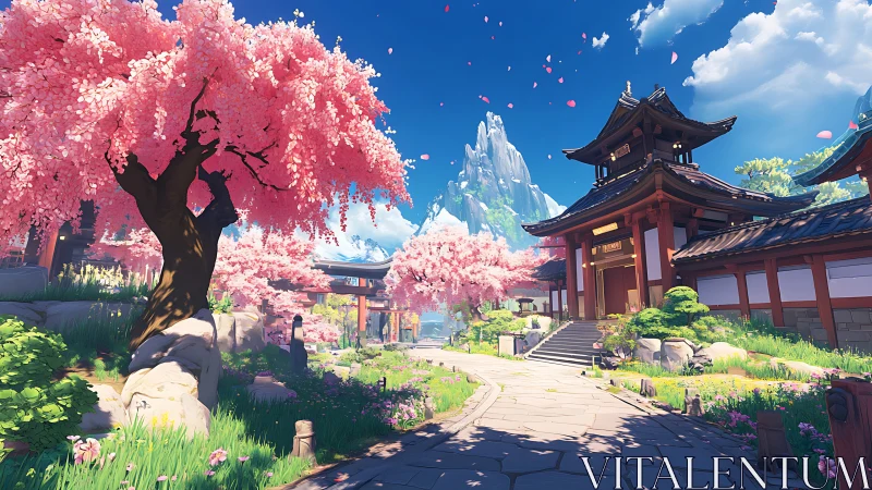 Cherry blossoms brighten a peaceful temple garden path