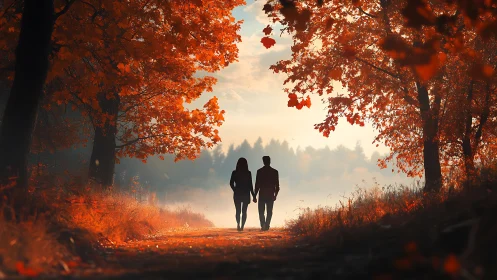 Silhouetted Couple Walking Through Autumn Forest Path