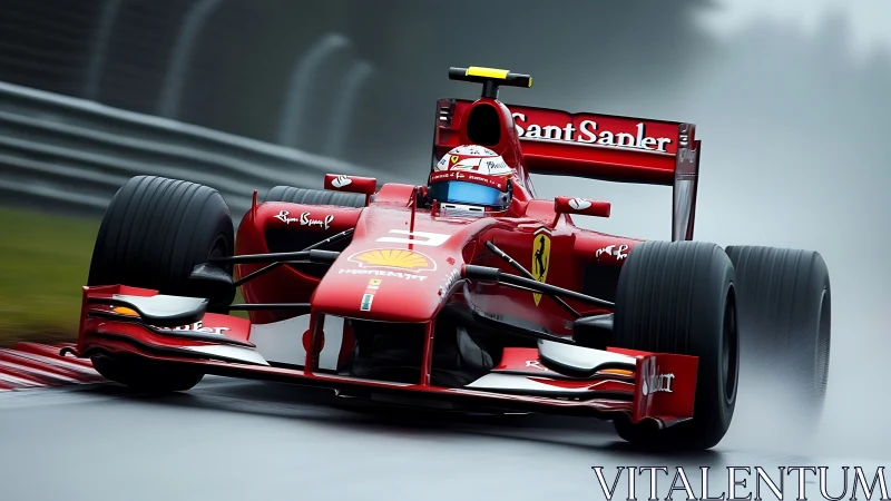 Red Formula racing car on wet circuit under heavy spray
