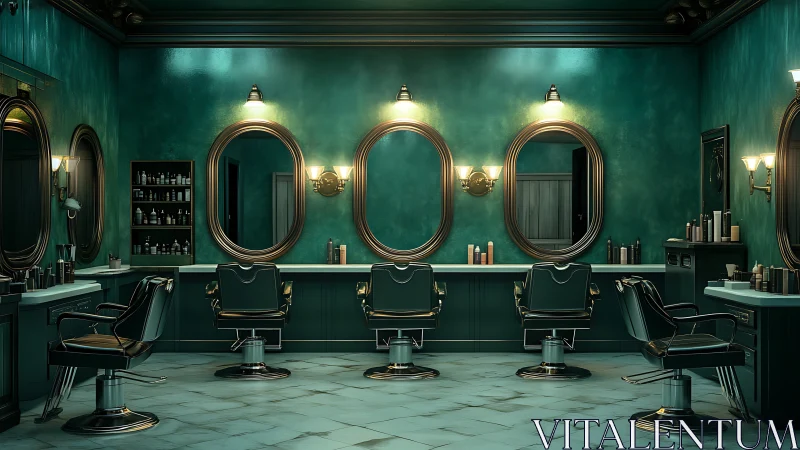 Emerald barbershop reverie with glowing mirrors and chrome chairs.