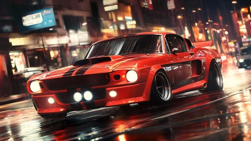 Rain slicked city streets welcome a bold red muscle car