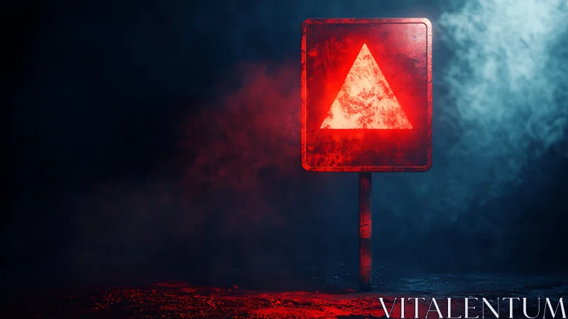Neon Warning Triangular Signal Illuminated Against Dark Ambient Void.