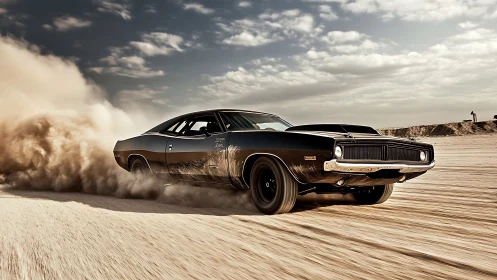 Retro muscle coupe executing high-velocity desert powerslide.