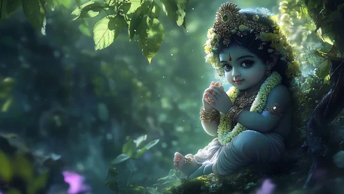Gentle baby Krishna resting in a glowing forest haven.