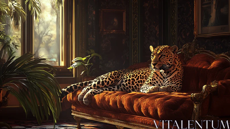 Leopard on Velvet Chaise in Ornate Interior.