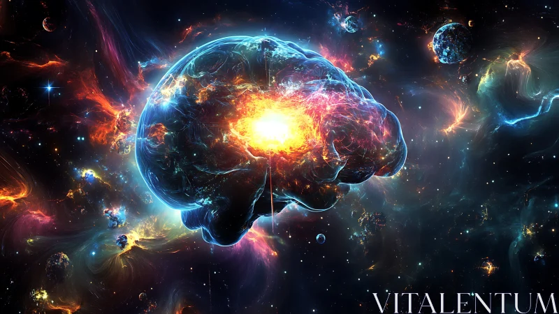 Glowing cosmic brain floating in deep colorful space.