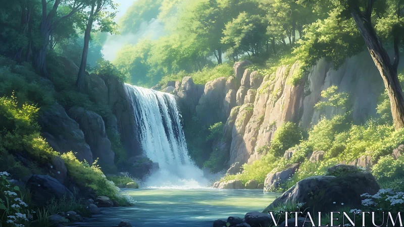 Waterfall in forest canyon with sunlit cliffs