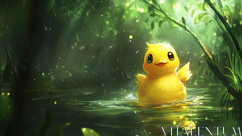 Luminous cartoon duck buoyant in refracted forest shallows.