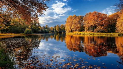 Golden autumn trees reflected in a peaceful forest lake.