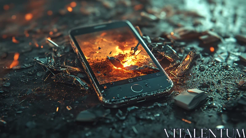Shattered smartphone glows with fiery digital chaos on ground