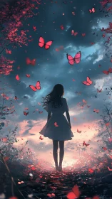 Silhouetted girl observing red butterflies at twilight sky.