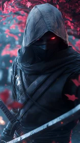 Hooded masked warrior with glowing eyes in red forest scene.