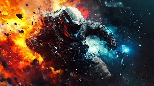 Armored space soldier sprints through explosive thermal shockwave