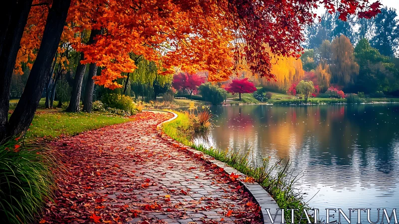 Autumn lake path curves through vivid red and gold foliage.