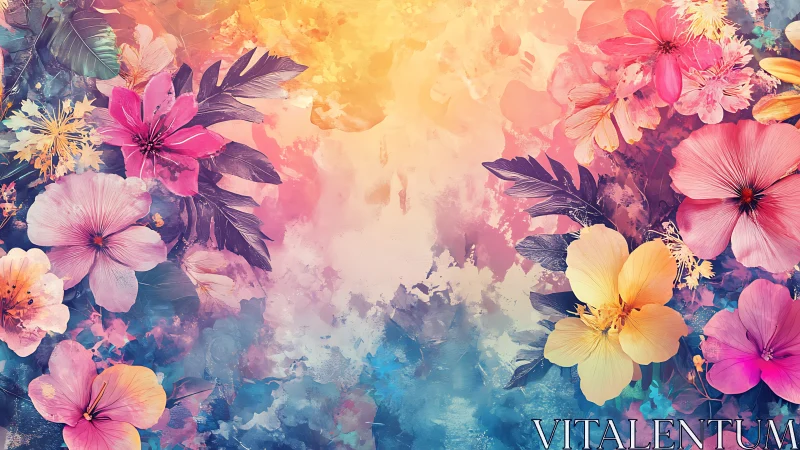 Floral Abstraction: Chromatic Gradient with Layered Botanical Composite