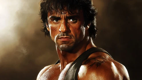Intense muscular warrior portrait with dramatic lighting.