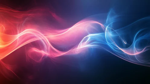 Aurora ribbons collide in neon waves of red and blue light.