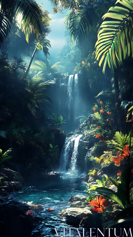Digital rainforest cascade with luminous tropical foliage.