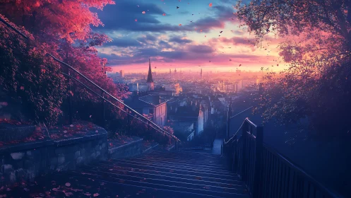 Sunset stairway descends toward a glowing dreamlike cityscape.