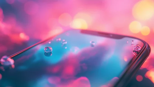 Neon macro smartphone surface with refracted bokeh droplets.