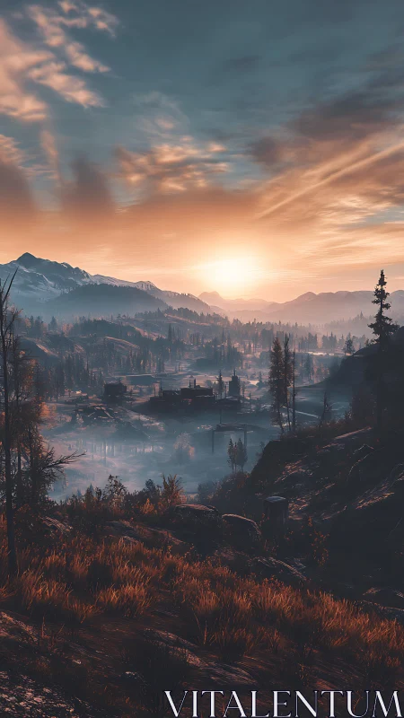 Golden sunrise pours warm light over a misty valley town