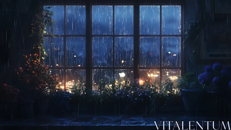 Nocturnal rainlit window with botanical foreground layering.