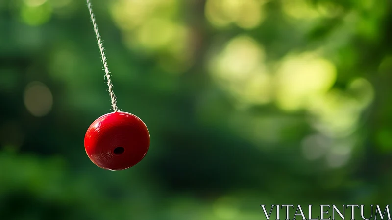 Red yo-yo hangs quietly against soft green bokeh backdrop.