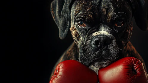 Boxer Dog Portrait with Red Boxing Gloves Against Black Background